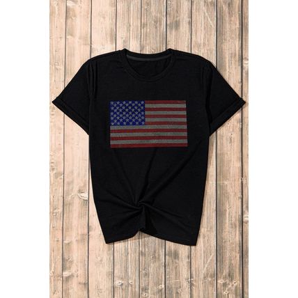 Black Rhinestone American Flag Round Neck Casual Tee