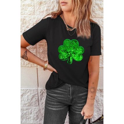 Black Sequin Clover Embroidered Round Neck Graphic Tee