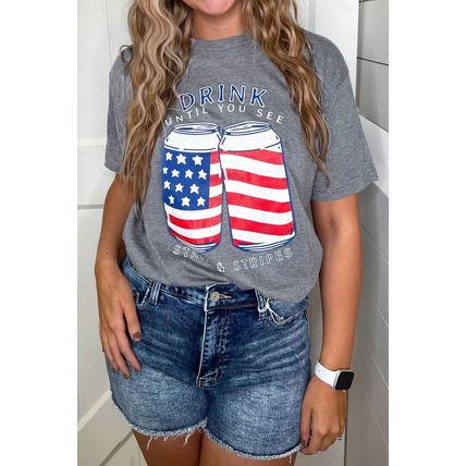 Gray USA Flag Drink Cans Slogan Graphic Tee