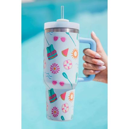 Light Blue Beach Day Fun Pattern Cup with Handle 40oz
