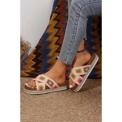 White Geometric Woven Crisscross Strap Platform Slippers