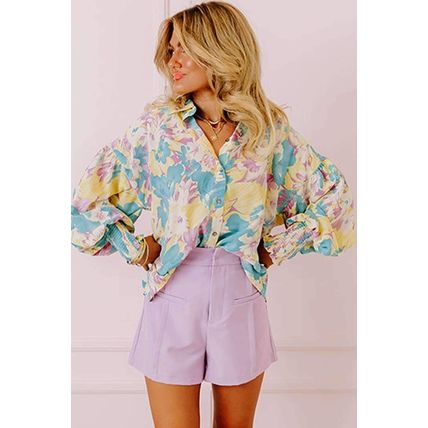 Yellow Floral Allover Print Shirred Cuff Oversized Shirt