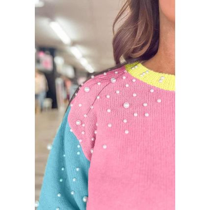 Rose Red Pearled Colorblock Crew Neck Half Sleeve Sweater