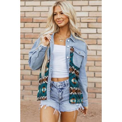 Blue Aztec Printed Denim Jacket