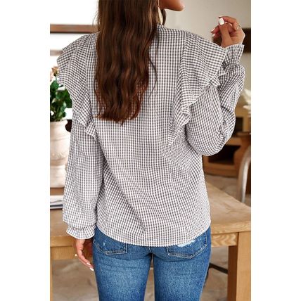 Brown Plaid Flounce Sleeve Notched Neck Ruffled Shirt