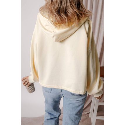 Beige Fleece Lined Half Zipper Kangaroo Pockets Loose Hoodie