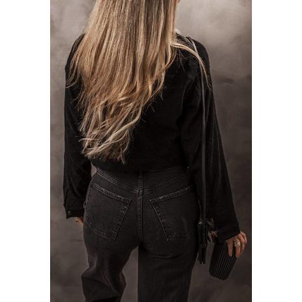 Black Fleece Lined Button-up Collared Corduroy Crop Jacket