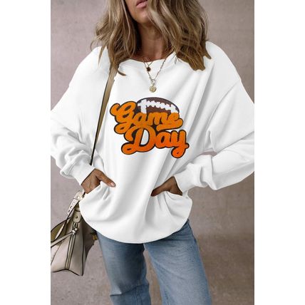 White Chenille Game Day Rugby Football Pattern Pullover Sweatshirt