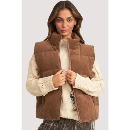 Coffee Corduroy Stand Neck Zipped Puffer Vest