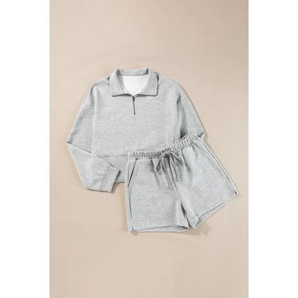 Light Grey Stand Neck Zipped Sweatshirt and Shorts Set