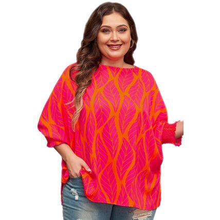 Rose Leafy Printed Smocked Lantern Sleeve Plus Size Blouse