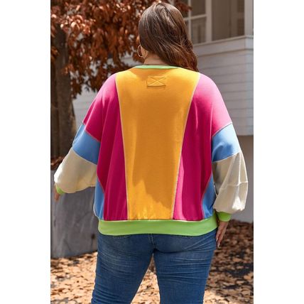 Rose Red Plus Size Colorblock Patchwork Exposed Seam Sweatshirt