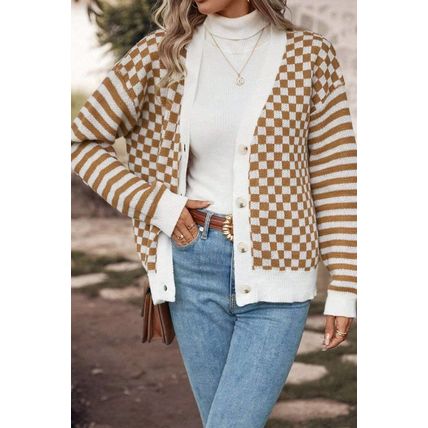 Brown Checkered Striped Patched Buttoned V Neck Cardigan