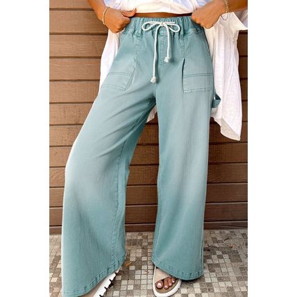 Smoke Green Mineral Wash Drawstring High Waist Wide Leg Jeans