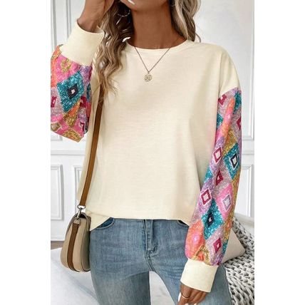 Apricot Geometric Printed Patchwork Long Sleeve Round Neck Top
