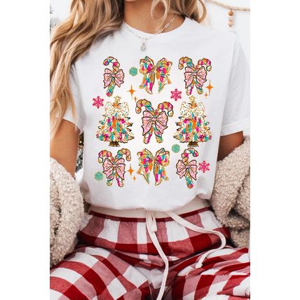 White Christmas Tree Bow Knot Print Round Neck T Shirt