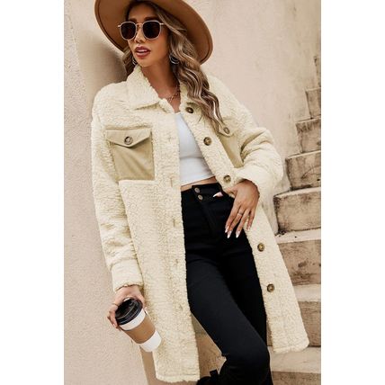 Beige Contrast Flap Pocket Single Breasted Teddy Coat