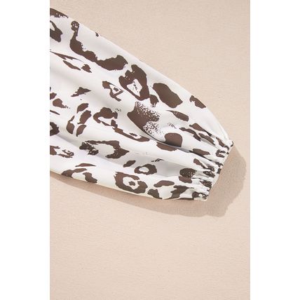 Khaki Leopard Print Split Neck Balloon Sleeve Blouse
