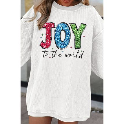 White JOY to the world Ribbed Crewneck Pullover Sweatshirt