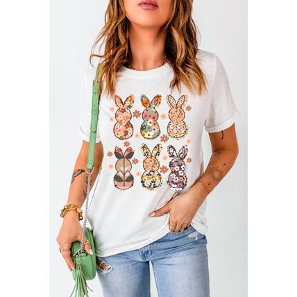 White Floral Bunny Graphic Crewneck Easter Fashion Tee