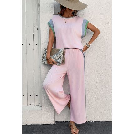 Pink Corded Colorblock Patchwork Short Sleeve Top and Loose Pants Set