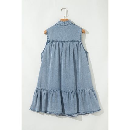Real Teal Bowknot Neck Sleeveless Ruffled Chambray Dress