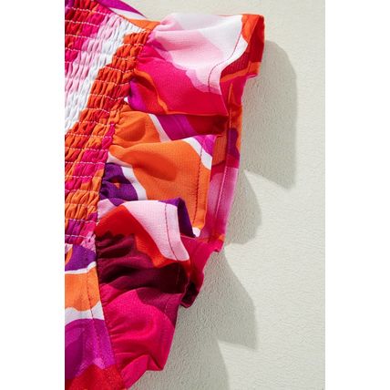 Rose Abstract Print Shirred Yoke Ruffled Blouse