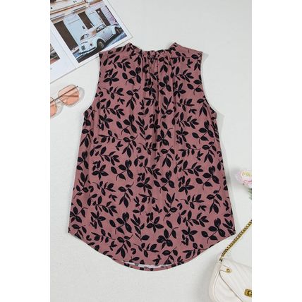 Brown Leaf Print Lace-up V Neck Crinckled Tank Top