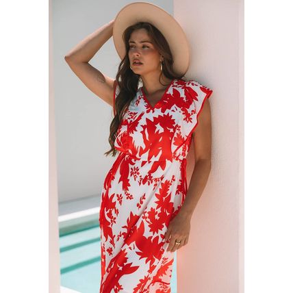 Red Floral Print Trimmed V Neck Ruffle Sleeve Long Dress