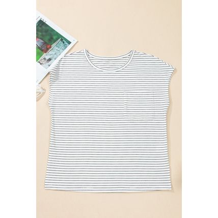 White Stripe Cap Sleeve Crew Neck Casual Tee with Chest Pocket