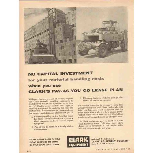 CLARK EQUIPMENT COMPANY 1954 no capital investment lease vintage ad
