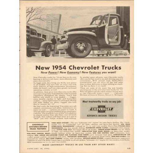 CHEVROLET 1954 New trucks power economy features you want vintage ad
