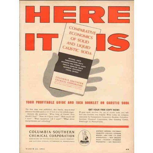 COLUMBIA-SOUTHERN CHEMICAL 1954 here it is caustic soda vintage ad
