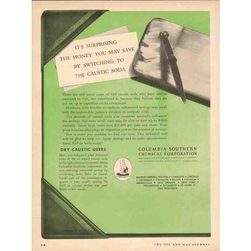 COLUMBIA-SOUTHERN CHEMICAL 1954 save money caustic soda vintage ad