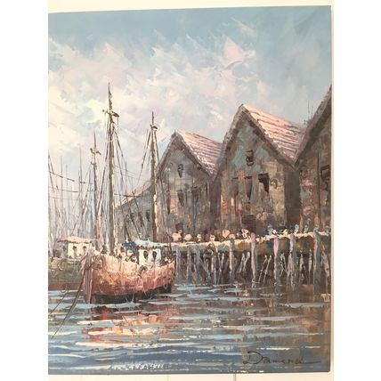 Original Oil Painting On Canvas Fishing Sailing Boats At Boatyard Dock