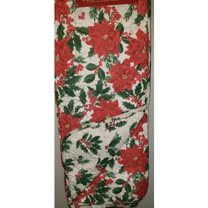 CHRISTMAS HOLLY W/ BERRIES & POINSETTIAS REVERSIBLE QUEEN BED QUILT W/ SHAMS~NEW