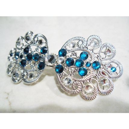Silver filigree hair clip barrette with blue crystals bridal hair clip