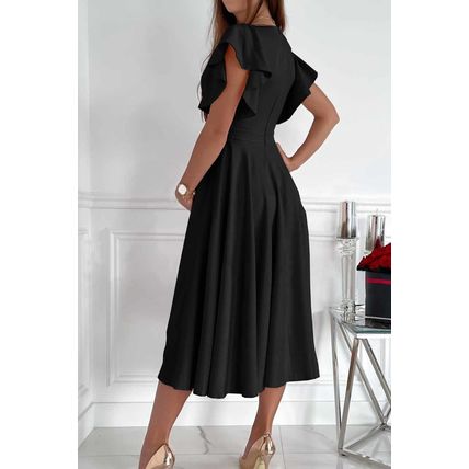 Black Ruffled Sleeve Wrap V Neck Midi Dress