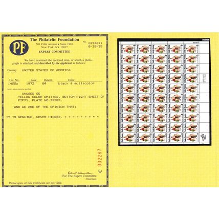 1455a, MNH 8¢ Yellow Color Omitted Error Complete Sheet With PFC - Stuart Katz