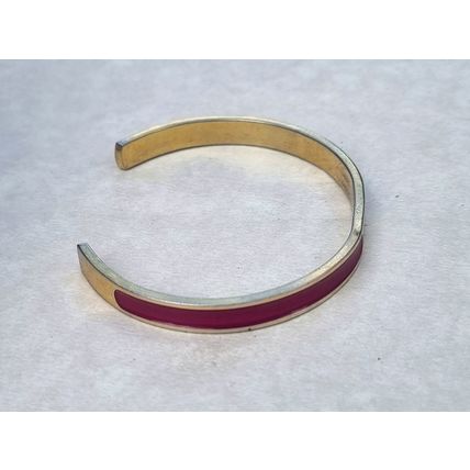 Gold Tone Cuff Bracelet with Deep Pink Enamel, Minimalist Adjustable Bangle