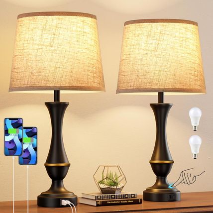 Upgraded Touch Lamps for Night Stands Set of 2 - Bedside Lamps with USB C+A, 3 W