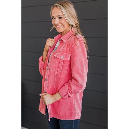 Pink Buttoned Flap Pocket Corduroy Jacket