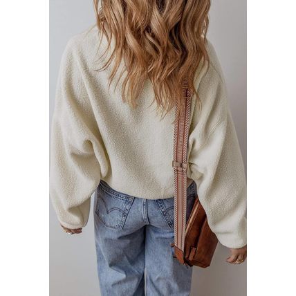 White Fleece Placket Turn-down Collar Drop Shoulder Sweatshirt