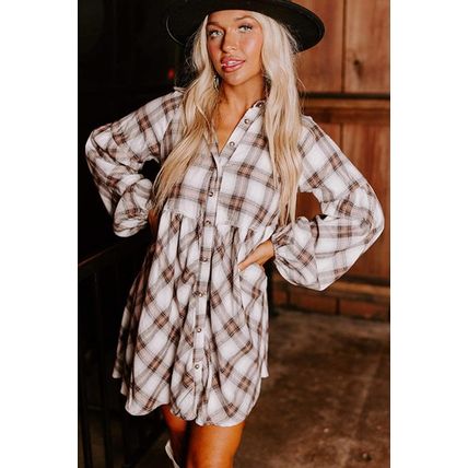 White Plaid Bubble Sleeve Flowy Shirt Dress