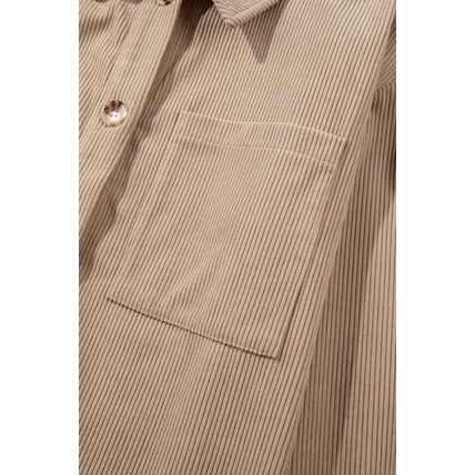 Pale Khaki Hooded Drawstring Pockets Corduroy Shacket