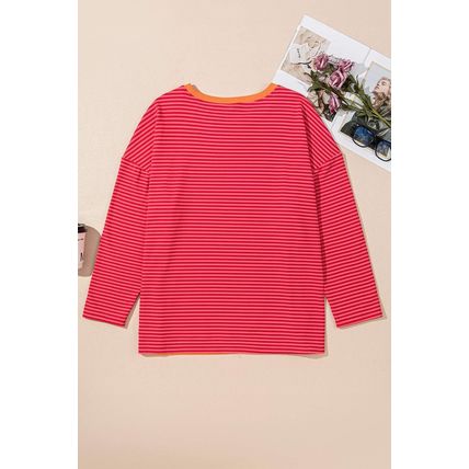 Orange Stripe Plus Size Drop Shoulder Long Sleeve Buttoned Decor Top