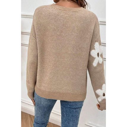 Parchment Flower Pattern Ribbed Trim Crew Neck Sweater