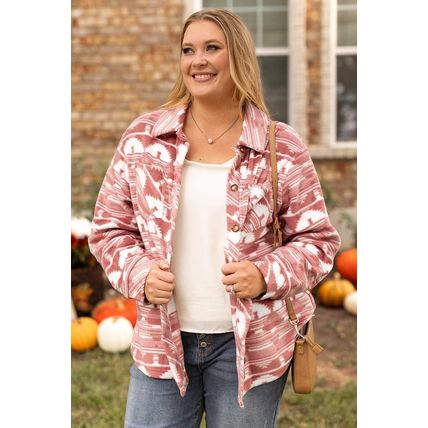 Pink Plus Size Aztec Print Chest Pocket Shacket