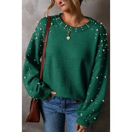 Evergreen Pearled Drop Shoulder Round Neck Sweater