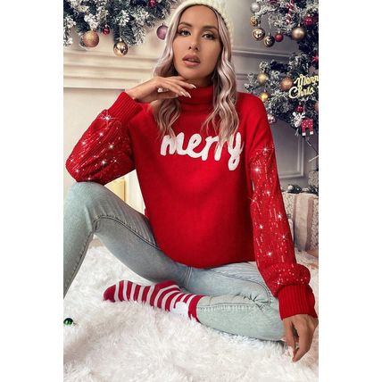 Racing Red Merry Graphic Sequin Sleeves Christmas Turtleneck Sweater